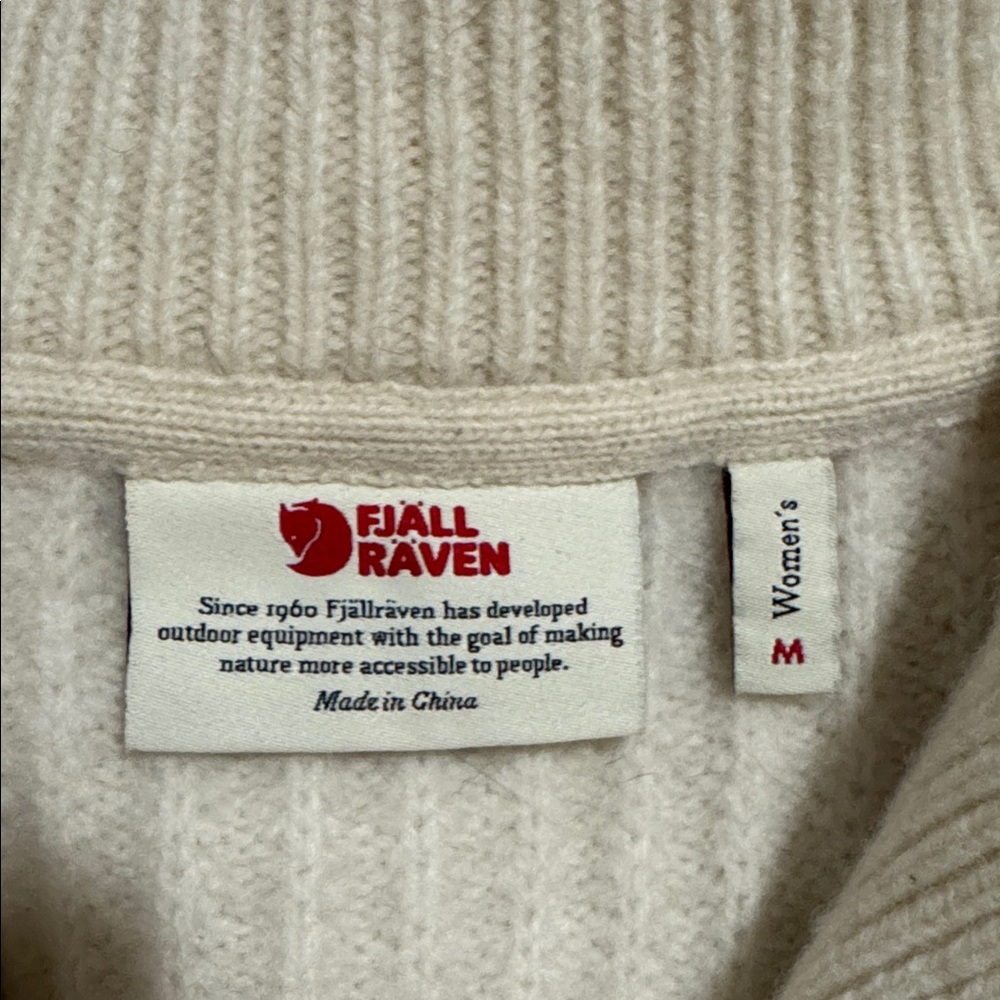Fjällräven Övik Half Zip Knit Wool Sweater Chalk White Brown Elbow Patch-Small - Picture 9 of 12